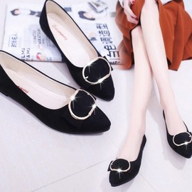 Women's Flat Suede Shoes, Big Size, 225-255mm, Buckle Ribbon VJ-618 Flat - Black/230