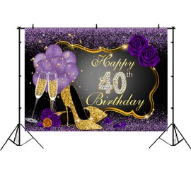 Happy 40th Birthday Backdrops Shining Purple Dots and Gold Frame Photography Background for Party Decorations Rose Floral Balloons Heels Champagne Glass Party Banner Supplies Photo Studio Props 7x5ft