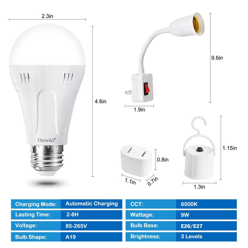 Ostwiki 6 Pack A19 Rechargeable Light Bulbs for Lamps 6500K