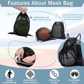 STAY GENT Drawstring Mesh Bag for Basketball Football Volleyball, Portable Ball Mesh Bag with Detachable Hooks, Sport Gym Yoga Swim Bag for Daily Use