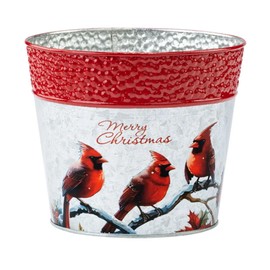Napco Merry Christmas Cardinals Metal Pot Cover - Festive Red Bird & Winter Branch Holiday Planter 6 Inch Tall Galvanized Tin Bucket Planter for Christmas Decor & Gifts