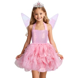 Soyoekbt Fairy Costume for Girls Princess Tutu Dress with Butterfly Wings for Girls Birthday Party Dress Up (Pink, 3-4 Years)