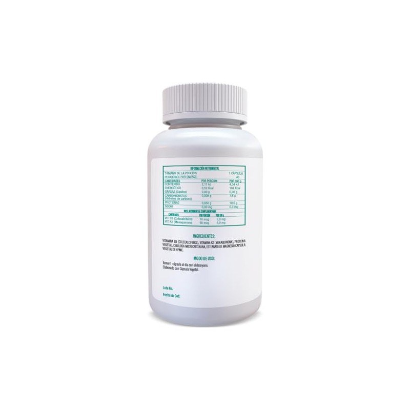 Vitamina D3 + K2 40 Cápsulas Veganas de 500 mg