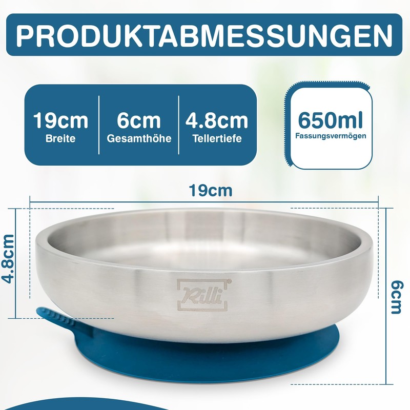 Rilli Stainless Steel Suction Cup Plate Deep, Non-Slip Baby Tableware,