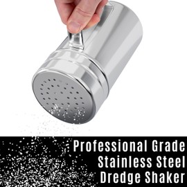 CUSINIUM 14oz Large Stainless Steel Salt Pepper Dredge Shakers - with Plastic Cap - with Handle - Pack of 6