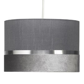 Soft Grey Velvet & Fabric Vintage Easy Fit Drum Pendant Shade with Silver Metallic Band | 30cm Diameter (12") | None Electric Ceiling Lampshade | Fits All Lampholder Types E14 E27 B15 B22