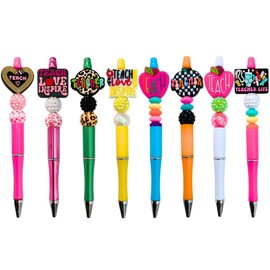 8PC Teacher Beaded Pens Ballpoint Black Pen Set Assorted Cute Stylish Colorful Writing Kit Office Supply Bulk Accessory Pack Gift Bundle Stationery Supplies for Women Teach Love Inspire Appreciation