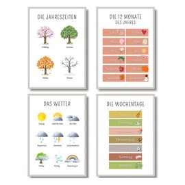EQUIK PRODUCTS Learning Poster | Children's Room Decoration | For Children in Kindergarten, Primary School | Montessori | Set of 4 Posters | For Girls and Boys (Months, Days of the Week, Seasons,