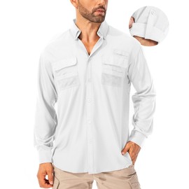 Toumett Men's Sun Protection Fishing Shirts Long Sleeve Safari Shirts UPF 50 UV Quick Dry Cooling Travel Work Shirts(5039,White,3XL)