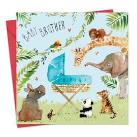 Twizler New Baby Brother Card with Blue Crib and Jungle Animals - New Baby Card - Cute Brother Card - Congratulations Card - New Baby Gifts - Baby Boy Gifts - Baby Brother Gifts