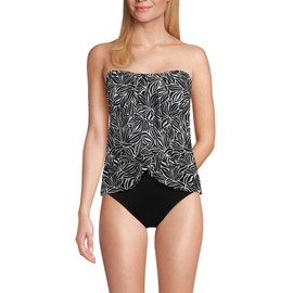 Lands' End Women's Plus Size Chlorine Resistant Mesh Bandeau High Leg Fauxkini One Piece Swimsuit 16W Black/White Abstract Floral