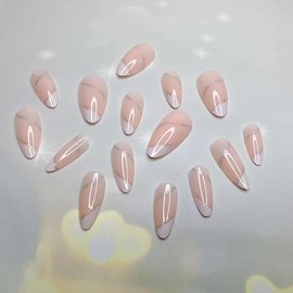 Almond Press on Nails Medium Length Oval Fake Nails Glossy Solid Color Glitter Beveled French Design Full Cover Nails Stick on Nails Artificial Acrylic Nails Reusable for Women Girls 24PCS