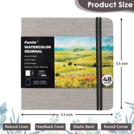 Funto Watercolour Journal, Square, Dual-Sided Cold-Pressed Paper, 5.5" x 5.5", Portable 2-Pack, 48 Pages Each, Gray Cover with Elastic Band, 110 lb/230gsm, Art Supplies for Mixed Media