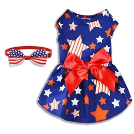 4th of July Dog Dress with Stars Pattern and Bowknot Decoration Holiday Cat Independence Patriotic Skirt Outfit for Small Boys and Girls Puppies Pets