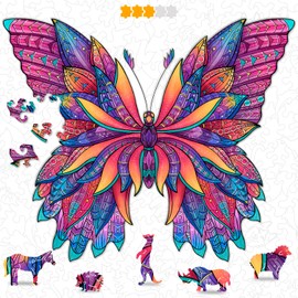 Hodslen Woods - Animal Wooden Jigsaw Puzzles for Kids (12+ Years) Adult, Teens, Family; Majestic Animal Shaped Natural Wood Puzzle, Medium Level,12.2x12.2 in. (31x31 cm),130 pcs, L - Size – Butterfly