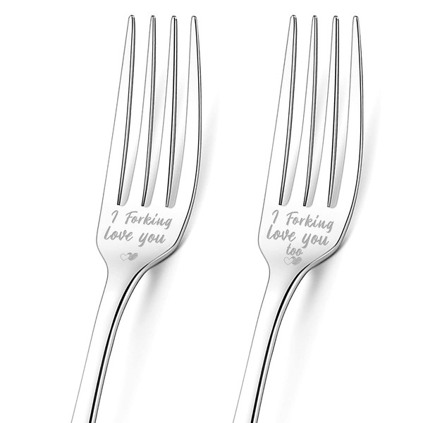 GLOBLELAND Pack of 2 I Forking Love You Table Forks Engraved Forks with Gift Box Stainless Steel Dinner Forks Funny Engraved Forks Table Forks for Couples Families Festival Wedding Anniversary Gifts