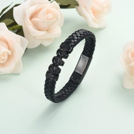 Cremation Jewelry Skull Urn Bracelet for Ashes for Men Women Keepsake Memorial Cuff Bangle Braided Leather Wristband Cremation Bracelet