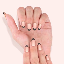 Krystil Press On Nails, 15 Sizes - 30 Nails Kit, Short Almond Black French Design, Reusable Fake Nails with Glue | Salon Quality | Black Tip