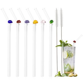 6 Pcs Glass Straws With Mushroom Charms, Cute Fun Reusable Straws, With Design Clear Bent Straws, With 2 Pcs Straw Brush for Party Drink Cocktail (6 Pcs Mushroom)