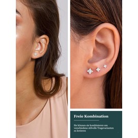 FUNEIA 3 Pairs of Stud Earrings, Gold, Women's 14K Gold-Plated Waterproof Earrings, 925 Sterling Silver Stud, Hypoallergenic, Small Round Cubic Zirconia Heart Earrings, Studs Multiple Ear Holes,