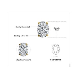 JewelryPalace Oval Cut 2ct Cubic Zirconia Solitaire Stud Earrings for Women, 925 Sterling Silver 14k Yellow Gold Plated Earrings for Her, Classic Simulated Diamond Earrings VVS D-F