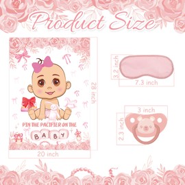 Pin The Pacifier On The Baby Party Games, Pink Baby Shower Decoration Bow Party Decorations with Large Poster 48 Pacifier Stickers Game for Baby Shower Party Bow Coquette Birthday Decorations