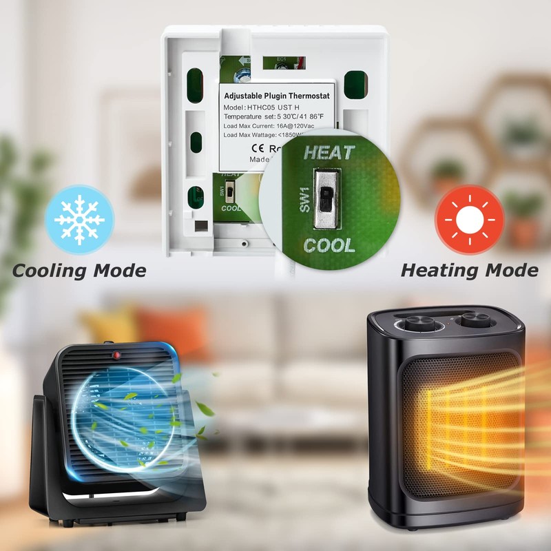 Adjustable Thermostat, Briidea Plug in Heating & Cooling Thermostat with