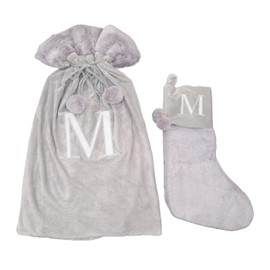 Celebright Matching Christmas Sack and Stocking Set with Embroidered Letter 'M' - Festive Holiday Décor for a Memorable Celebration - Faux Fur - Grey