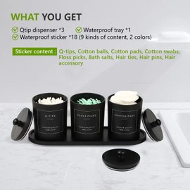 3 Pack Qtip Holder - Bathroom Organizers and Storage, Cotton Round Holder Cotton Swab Dispenser Cotton Ball Holder with Tray, Glass Apothecary Jars with Lids, Floss Pick Containers -black black