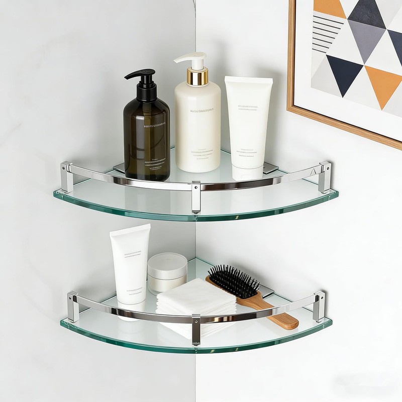 WAKLOND Bathroom Shelves, Glass Shelf Wall Mounted Glass Corner Shower