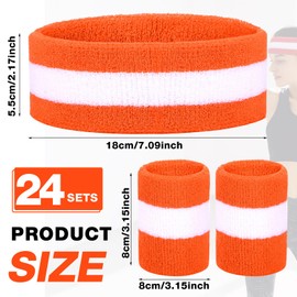 72 Pcs Bulk Striped Sweatband Set Include 24 Pcs Sweat Absorbing Striped Headbands and 48 Pcs Sweatbands Wristbands Cotton Athletic Sweat Bands for Men Women Gym Sports Workout (White, Orange)