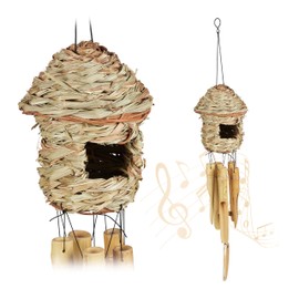 Relaxdays Wind Chimes Set of 2 Bamboo and Straw for Indoor and Outdoor Use Decorative Bird House Wind Chime Wind Chime H x D 67.5 x 13.5 cm Natural
