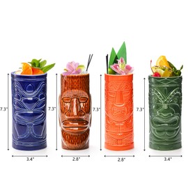 ZEAYEA Set of 4 Tiki Mugs, Large Ceramic Hawaiian Party Mugs for Cocktail, Tiki Bar Professional Hawaiian Party Barware, Dishwasher Safe