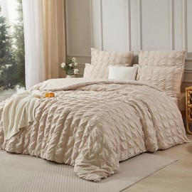 Luofanfei Beige Seersucker Bed Linen 135 x 200 cm Summer Cooling Striped Checked Plain Pattern Summer Bed Linen Breathable Lightweight Duvet Cover Single Bed and Pillowcase 80 x 80 cm