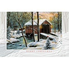 Pumpernickel Press Embossed Christmas Greeting Cards Boxed Set – Winter Covered Bridge, 16 Count