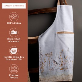 Maison d' Hermine Apron 100% Cotton 1 Piece Adjustable Neck Strap Easter Apron with Center Pocket & Long Ties for Home, Kitchen, Cocktail Parties, Meadow Florals - Beige - Spring/Summer(70 cm x 85 cm)