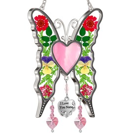 KY&BOSAM Butterfly Suncatchers I Love You Nana Stained Glass Panels Pink Heart for Windows Wind Chime with Pressed Flower Wings Embedded in Glass Nana Gifts for Nana Mother`s Day Christmas