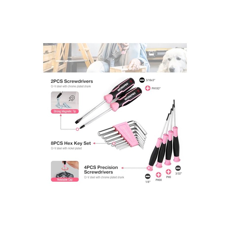 WORKPRO Pink Tool Set, 258 PCS Tool Kit for Women,