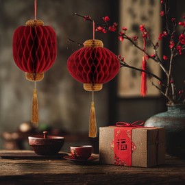4 Piece Traditional Chinese Red Paper Honeycomb Lanterns with Gold Tassels - Reusable 3D Hanging Indoor Decorations for Lunar New Year, Spring Festival, Wedding