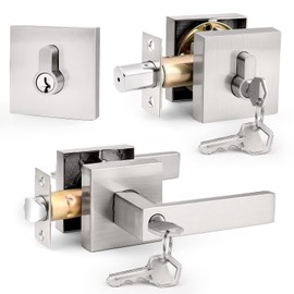 Probrico Square Entrance Lever with Single Cylinder Deadbolt Set Keyed Alike Combo Pack(for Office and Front Door), Heavy Duty Satin Nickel Entry Door Lockset for Right and Left Side, 1 Pack