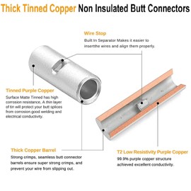 SVAAR 6 PCS 00 Gauge Non Insulated Butt Connectors 2/0 AWG Uninsulated Butt Splice Connectors Crimp Repair Butt Splices Kit Tinned Copper Seamless Barrel Butt Splice Terminals & 6PCS 3:1 Heat Shrinks
