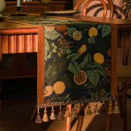 Camino de mesa de lujo clásico de limón de 83 pulgadas de largo, tela jacquard bordada con múltiples borlas, decoración de cambiador de comedor para bodas, día festivo, chimenea, rebanada de limón
