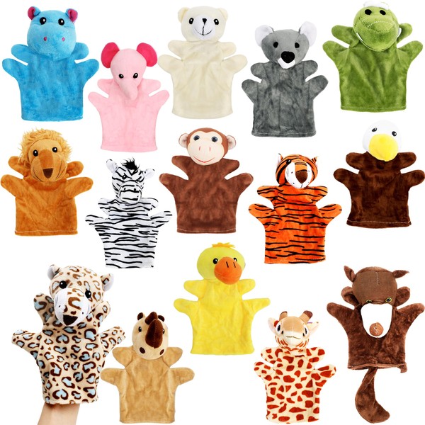 15 Pack Safari Animal Hand Puppet Plush Animal Hand Puppets