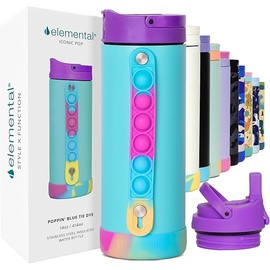 Elemental Iconic Kids Water Bottle with Straw Lid & Stress Relief Pop It Handle, Leak-Proof When Closed, Triple Insulated Kids Stainless Steel Water Bottle For Girls and Boys, 14oz - Blue Tie Dye