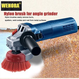 WENORA Abrasive Filament Nylon Bristle Cup Brush, 4" Nylon Cup Brush for Angle Grinder, 5/8" 11 Thread, 1/4" Drill Arbor-Remove Rust, Removal Rust Paint &Surface Prepping