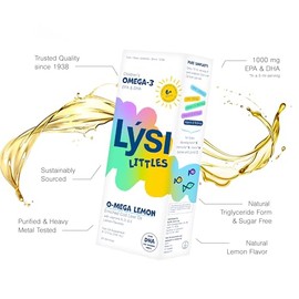 Lysi Aceite de pescado junior sabor a limón, aceite de pescado puro y natural para niños, 1200 mg de omega-3 por porción, aceite de pescado líquido is