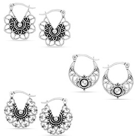 LeCalla 925 Sterling Silver Hoop Earrings Set of 3 Pair Hypoallergenic Antique Small Filigree Hoop Earrings for Women Teen and Men 15MM