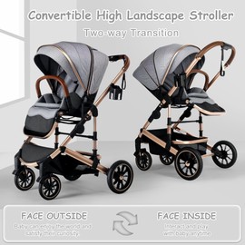 TODEFULL Convertible Baby Stroller, Folding Infant Stroller with Large Canopy, Portable Baby Carriage Pushchair with Adjustable Backrest, Cup Holder, Storage Basket (Dark Grey)