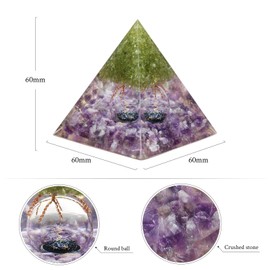 dssmboom Handmade Peridot Tree of Life Pyramid with Glass Ball Positive Energy Generator for Chakra Balancing, Tumbled Amethyst Stone Chips Orgone Pyramid for Home Office Decor