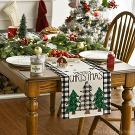 Artoid Mode Black White Buffalo Plaid Pine Trees Merry Christmas Table Runner, Winter Xmas Holiday Kitchen Dining Table Decoration for Home Party Decor 13x48 Inch
